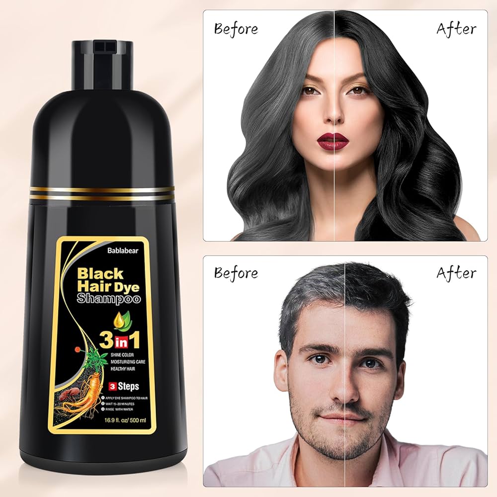 3 in 1 Black Hair Dye Shampoo Original –  Long Lasting Natural Black Color – Shine & Moisturizing Care – 500ml